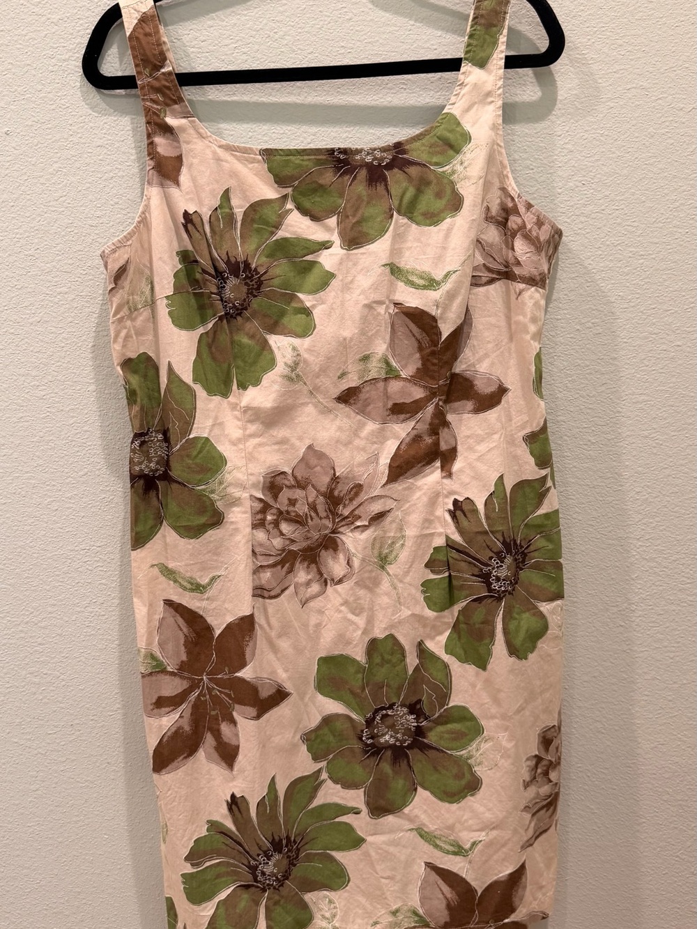 Faded Glory Beige Floral Tank Dress with Green & Brown Blooms